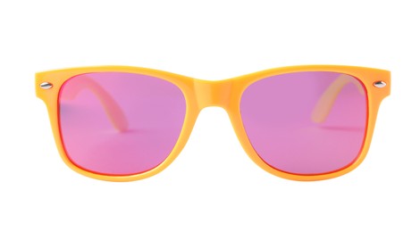 New stylish sunglasses with yellow frame isolated on white