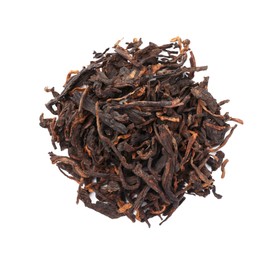 Pile of Traditional Chinese pu-erh tea leaves isolated on white, top view