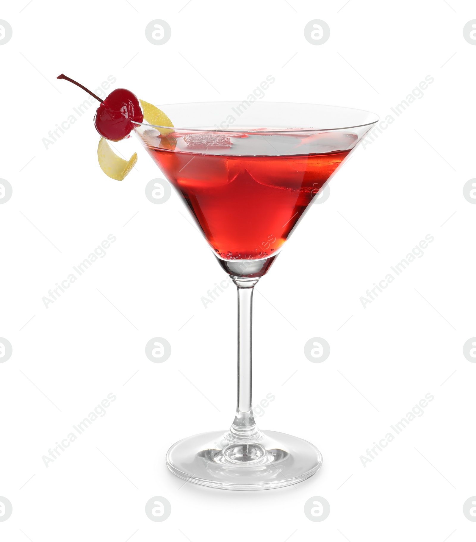 Photo of Glass of tasty refreshing cocktail on white background