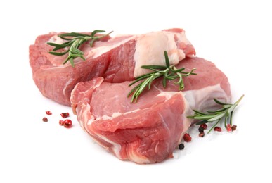 Photo of Fresh raw meat with rosemary and spices isolated on white