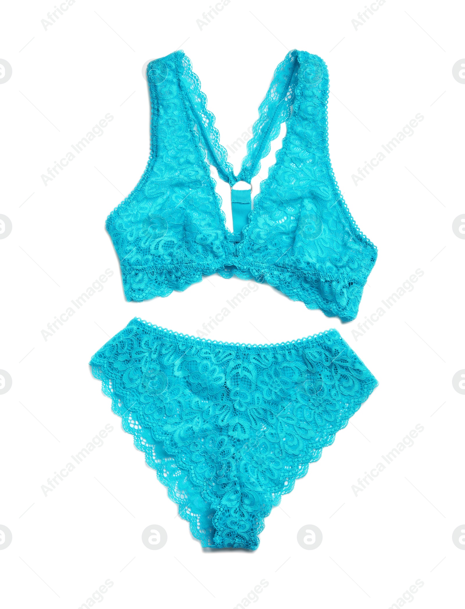Photo of Elegant turquoise women's underwear isolated on white, top view