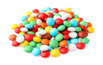 Photo of Many small colorful candies on white background