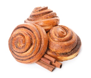 Photo of Freshly baked cinnamon rolls on white background