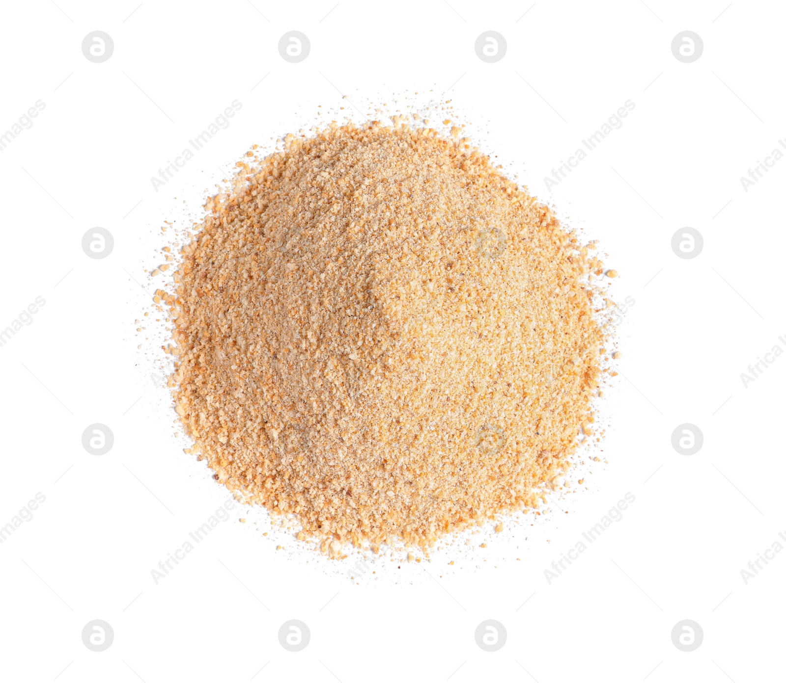 Photo of Pile of fresh bread crumbs isolated on white, top view