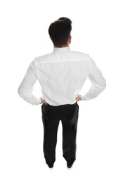 Businessman in formal clothes on white background, back view