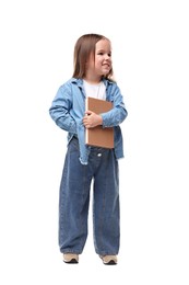 Cute little girl with book on white background