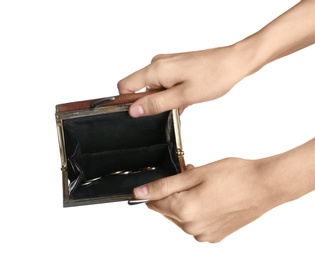 Photo of Poor woman showing her empty wallet on white background, closeup