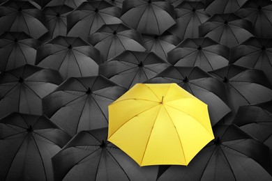 Image of Yellow umbrella standing out of other ones, above view