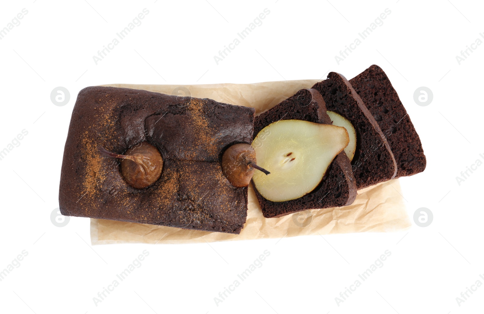 Photo of Tasty pear bread isolated on white, top view. Homemade cake