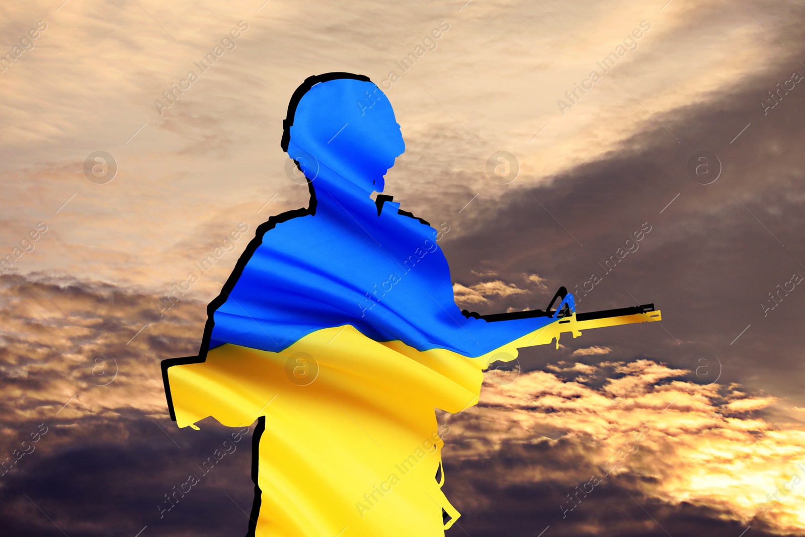 Image of Silhouette of soldier in color of Ukrainian flag with assault rifle against cloudy sky