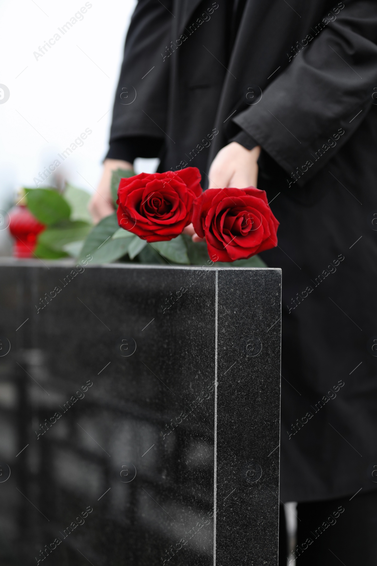 Photo of Woman with red roses near black granite tombstone outdoors, closeup. Funeral ceremony