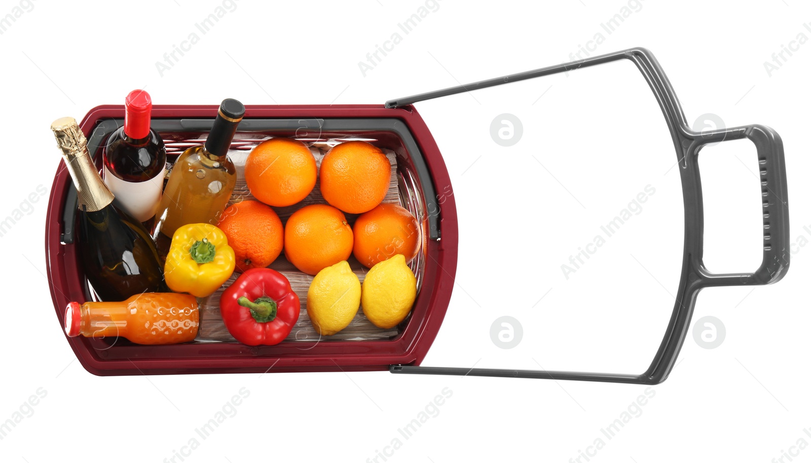 Photo of Shopping basket full of different products isolated on white, top view