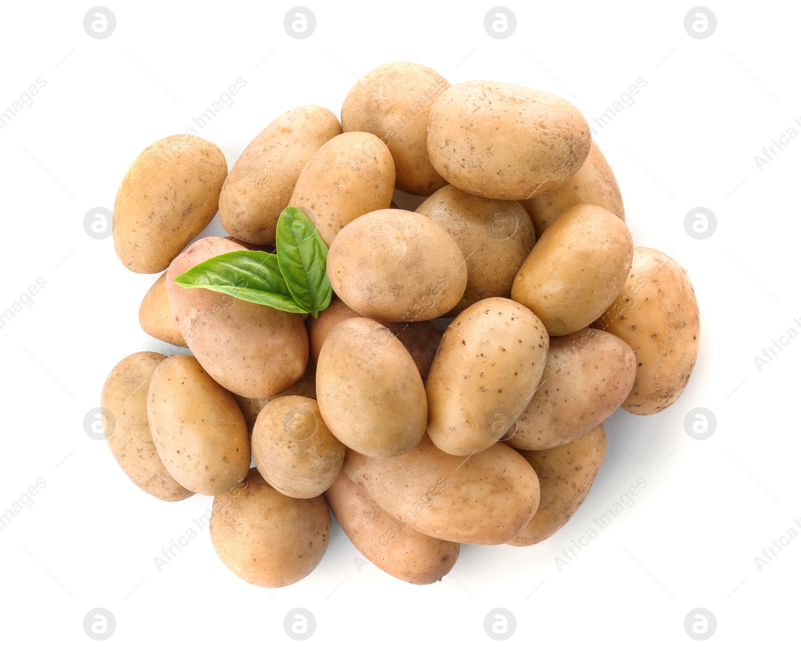 Photo of Fresh ripe organic potatoes on white background, top view