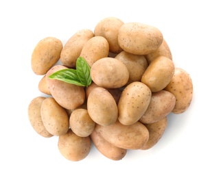 Fresh ripe organic potatoes on white background, top view