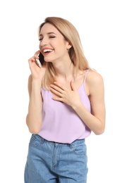 Photo of Young woman talking on phone against white background