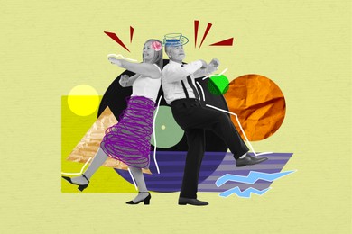 Image of Senior couple dancing near vinyl record on bright background, creative collage. Stylish art design