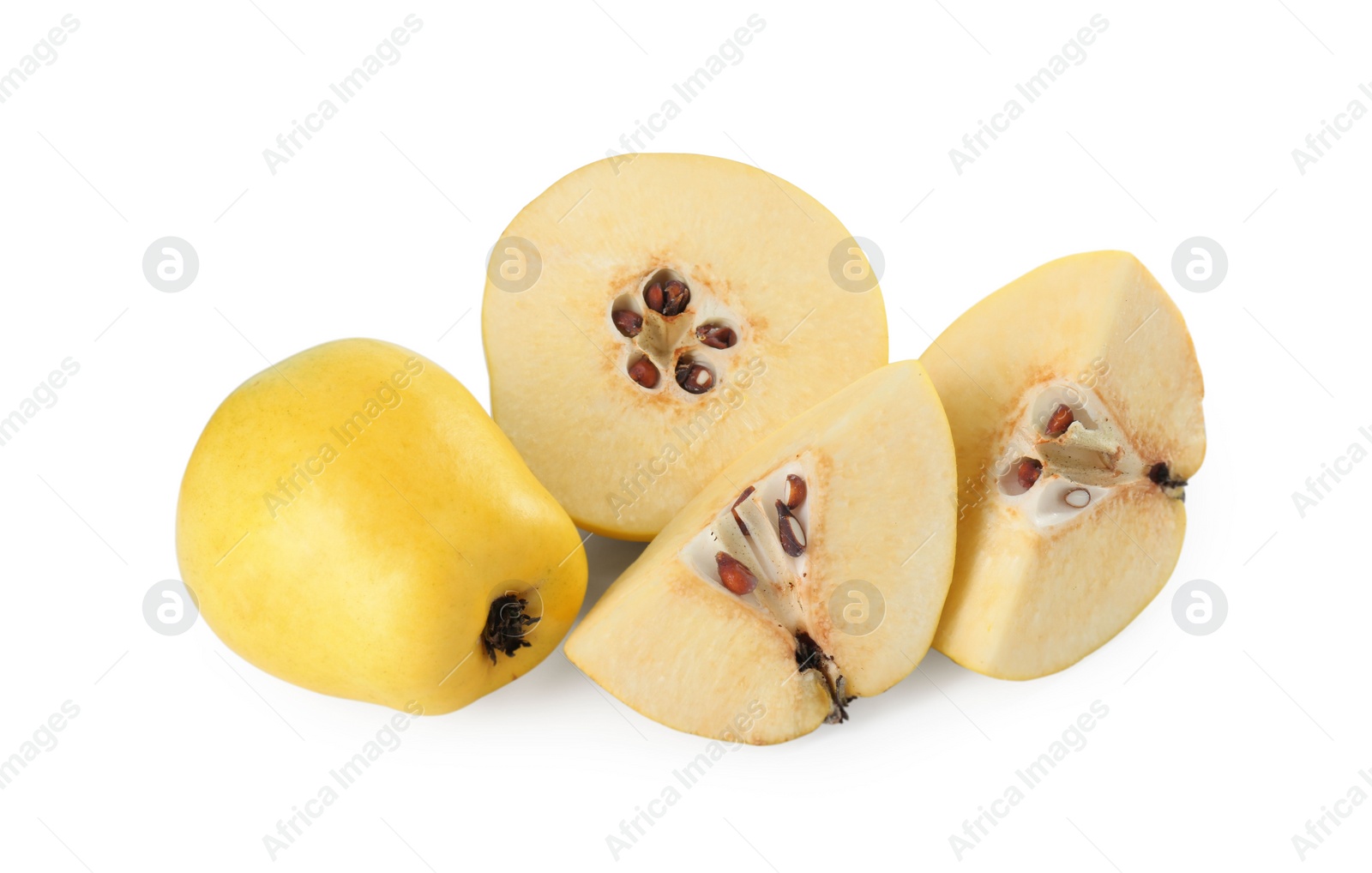 Photo of Ripe whole and cut quinces isolated on white