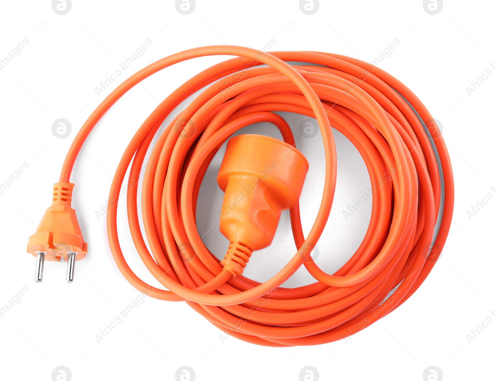 Photo of Extension cord on white background, top view. Electrician's equipment