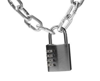 Photo of Steel combination padlock and chain isolated on white