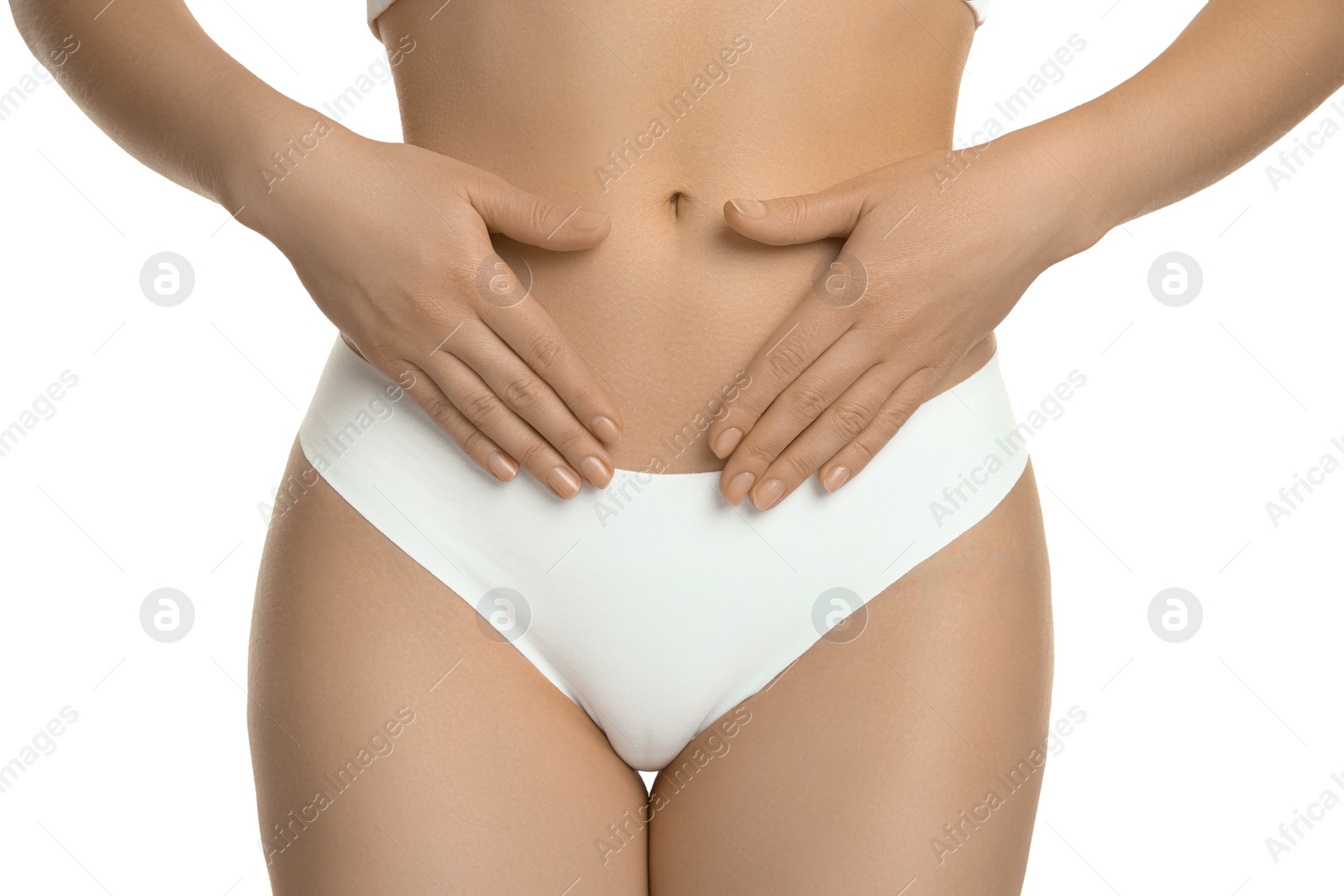 Photo of Gynecology. Woman in underwear on white background, closeup