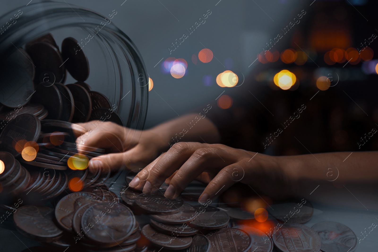 Image of Double exposure of woman with laptop and US coins, closeup. Financial value