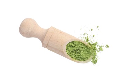 Photo of Scoop with matcha powder isolated on white, top view