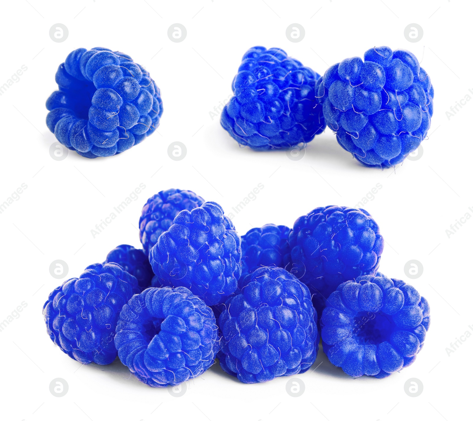 Image of Set with fresh tasty blue raspberries on white background