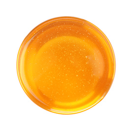 Bowl of organic honey isolated on white, top view