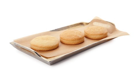 Photo of Tray with cookies for Islamic holidays isolated on white. Eid Mubarak