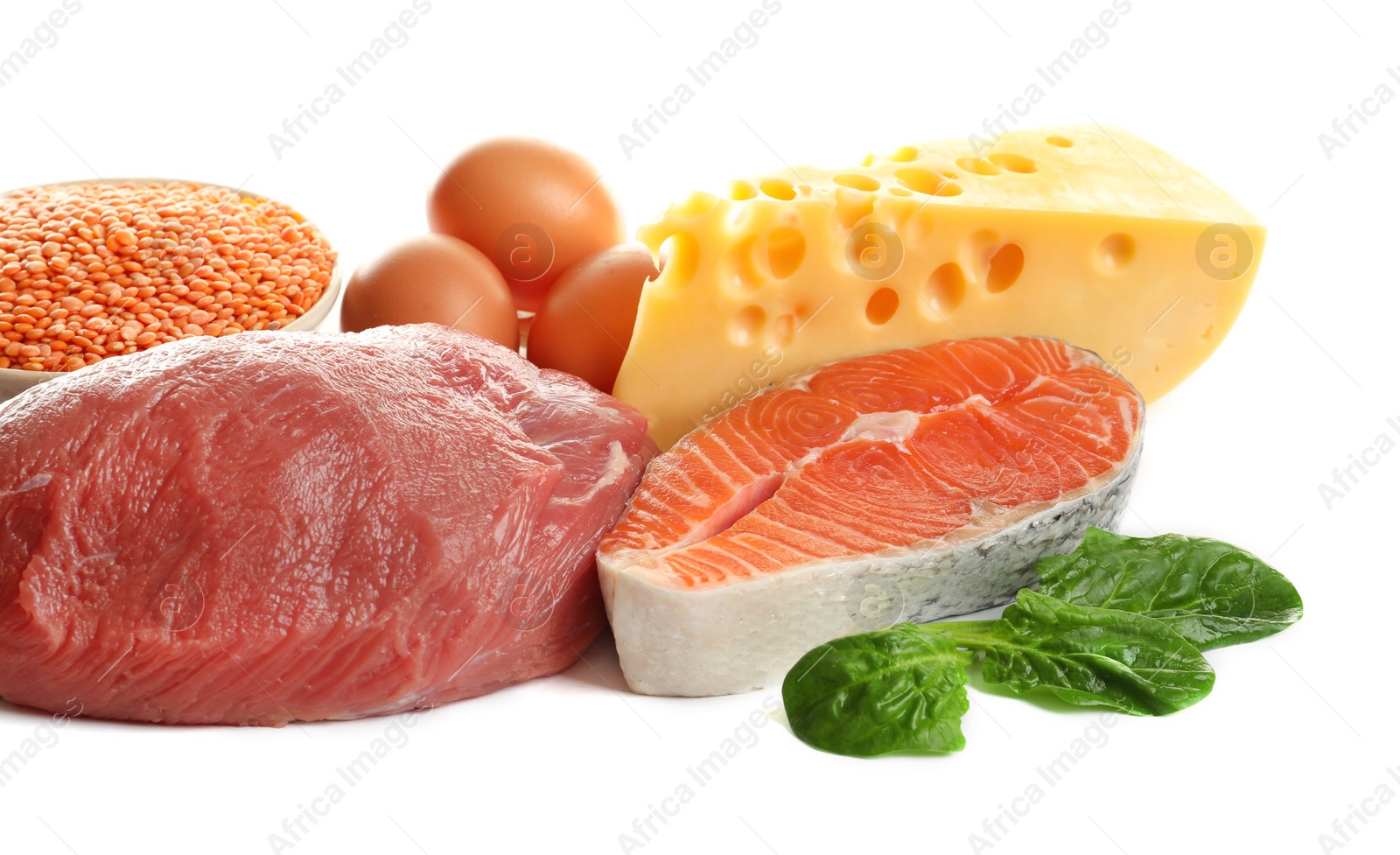 Photo of Set of natural food high in protein on white background