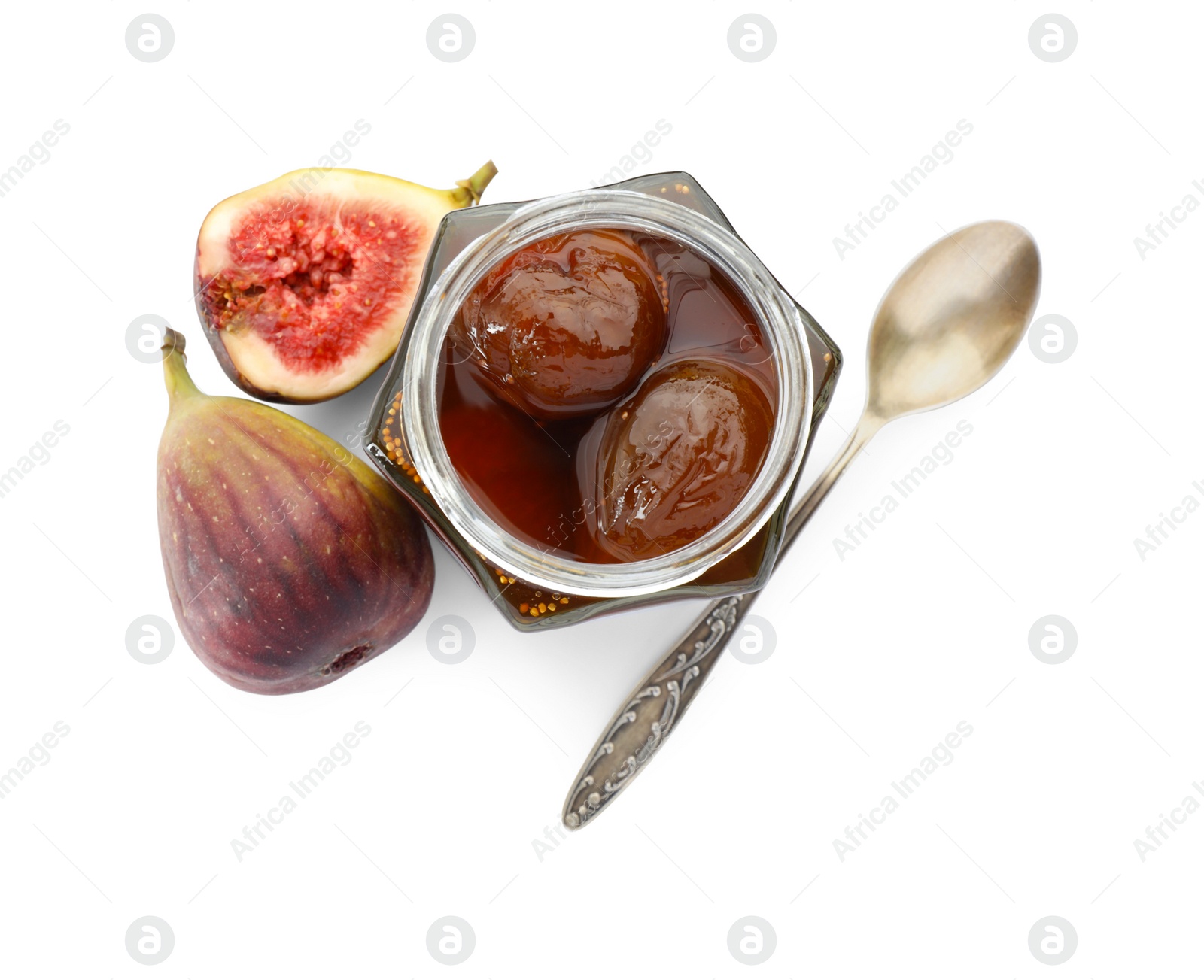 Photo of Jar of tasty sweet jam, fresh figs and spoon isolated on white, top view