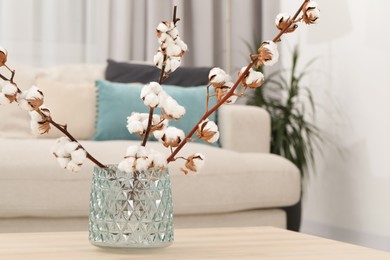Cotton branches with fluffy flowers on wooden table in cozy room. Space for text