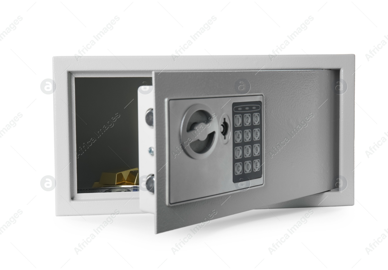 Photo of Open steel safe with money and gold bars on white background