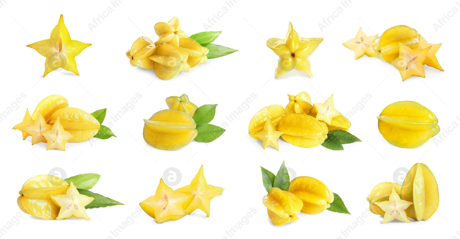 Image of Set with delicious ripe carambola fruits on white background, banner design