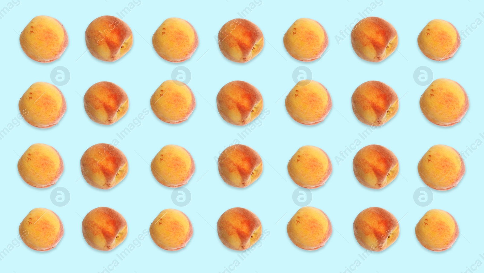 Image of Pattern of peaches on pale light blue background. Banner design