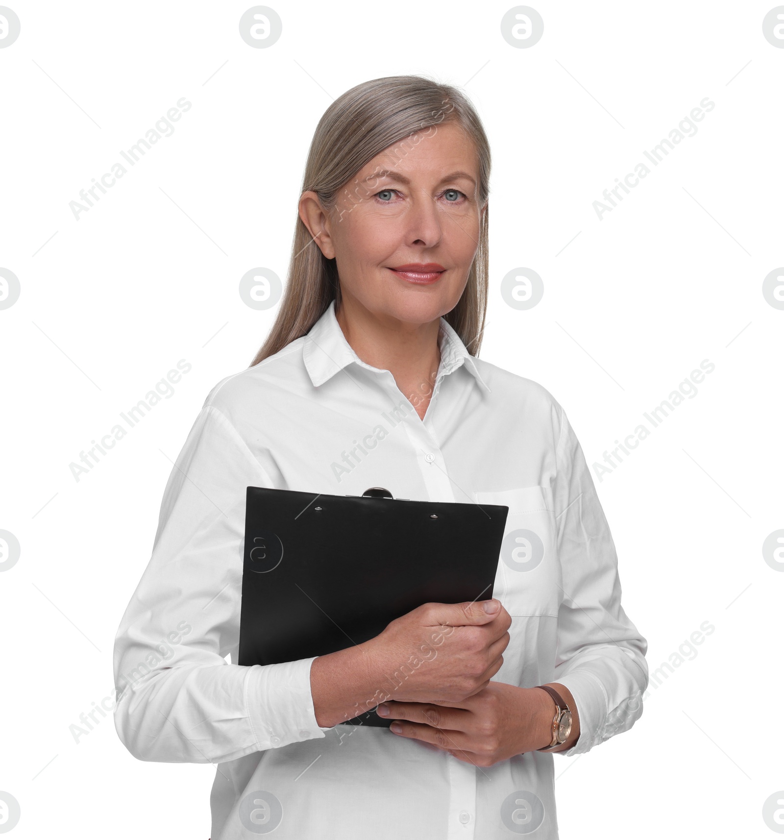 Photo of Portrait of beautiful woman with clipboard on white background. Lawyer, businesswoman, accountant or manager