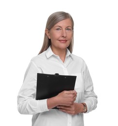 Photo of Portrait of beautiful woman with clipboard on white background. Lawyer, businesswoman, accountant or manager