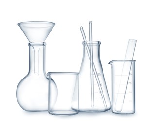 Photo of Empty clean laboratory glassware on white background