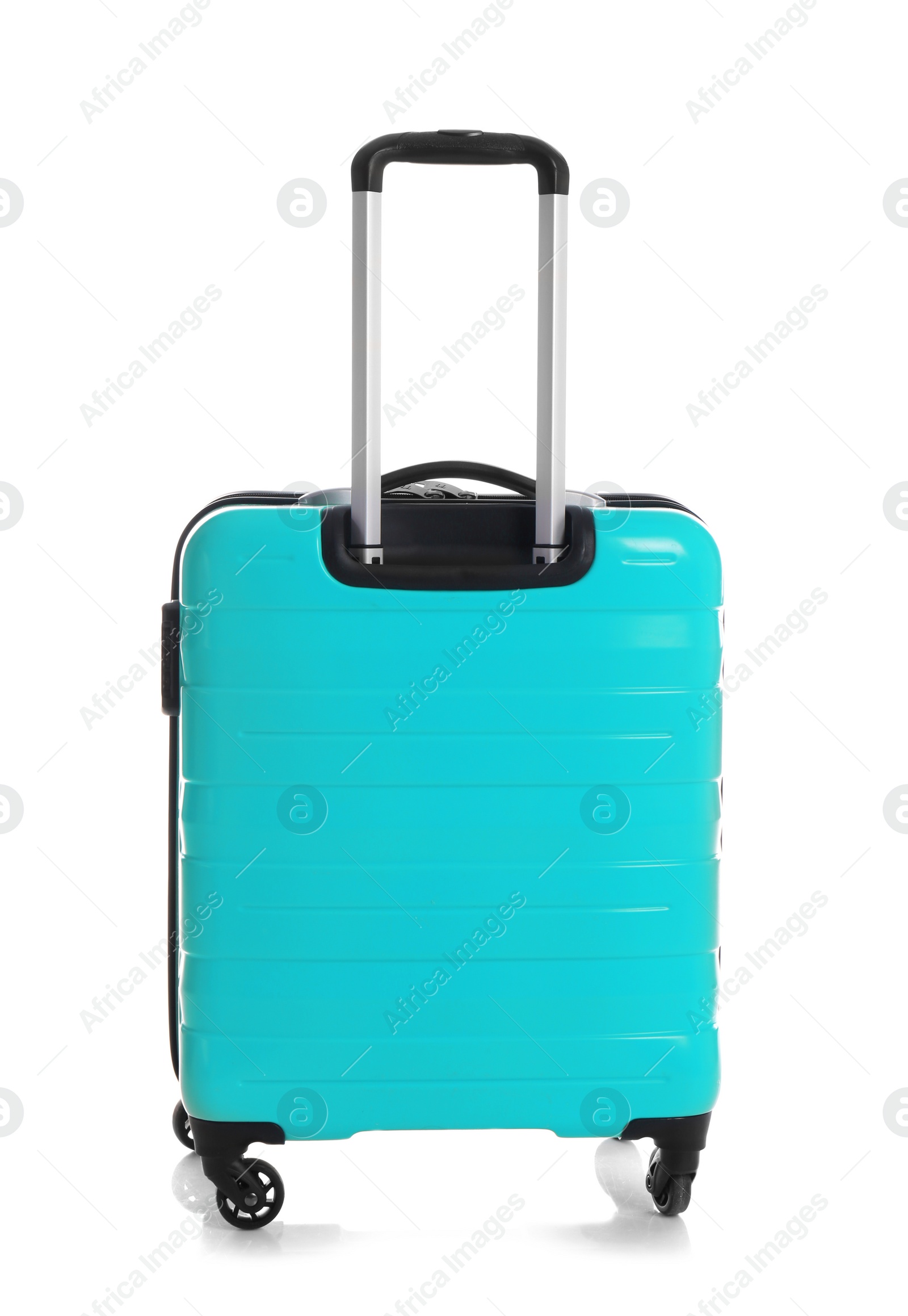 Photo of Modern suitcase for travelling on white background