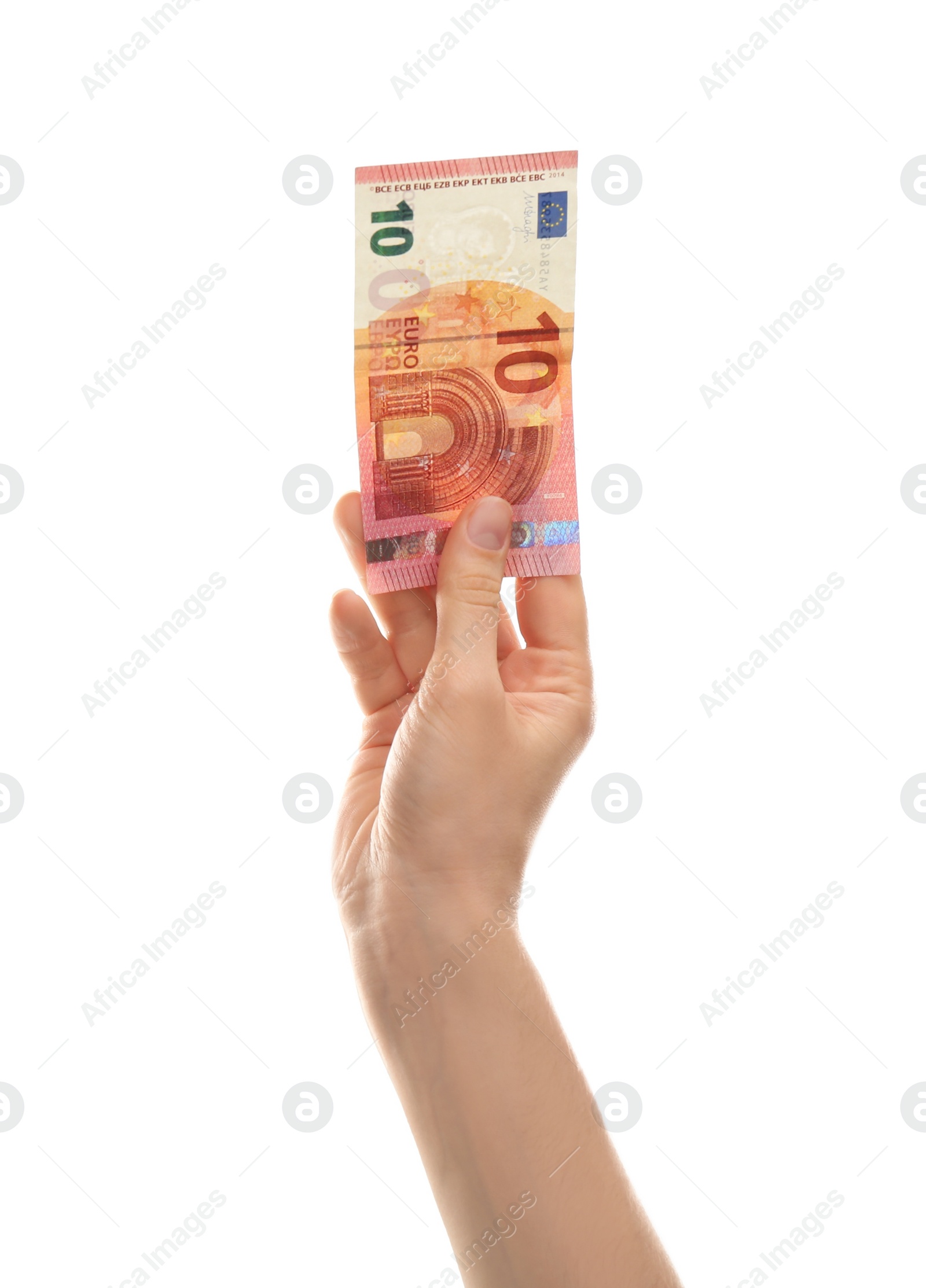 Photo of Woman with euro banknote on white background, closeup. Money and finance