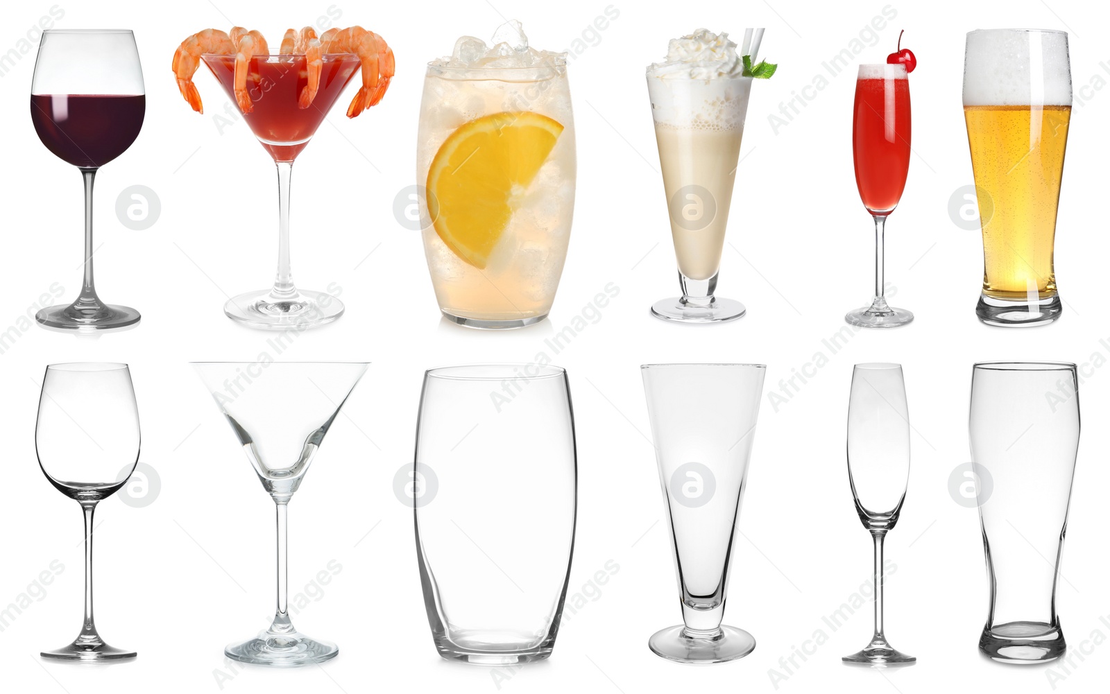 Image of Collage with full and empty glasses on white background