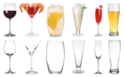 Image of Collage with full and empty glasses on white background