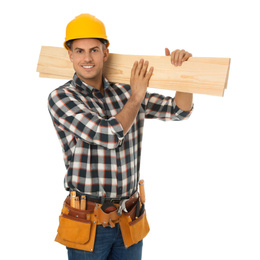 Handsome carpenter with wooden planks isolated on white