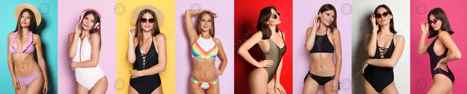 Image of Collage with photos of women wearing bikini on different color backgrounds. Banner design