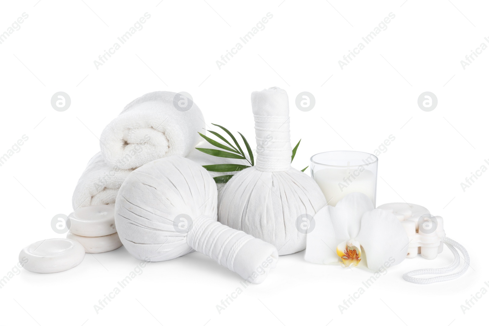 Photo of Beautiful composition with different spa products on white background