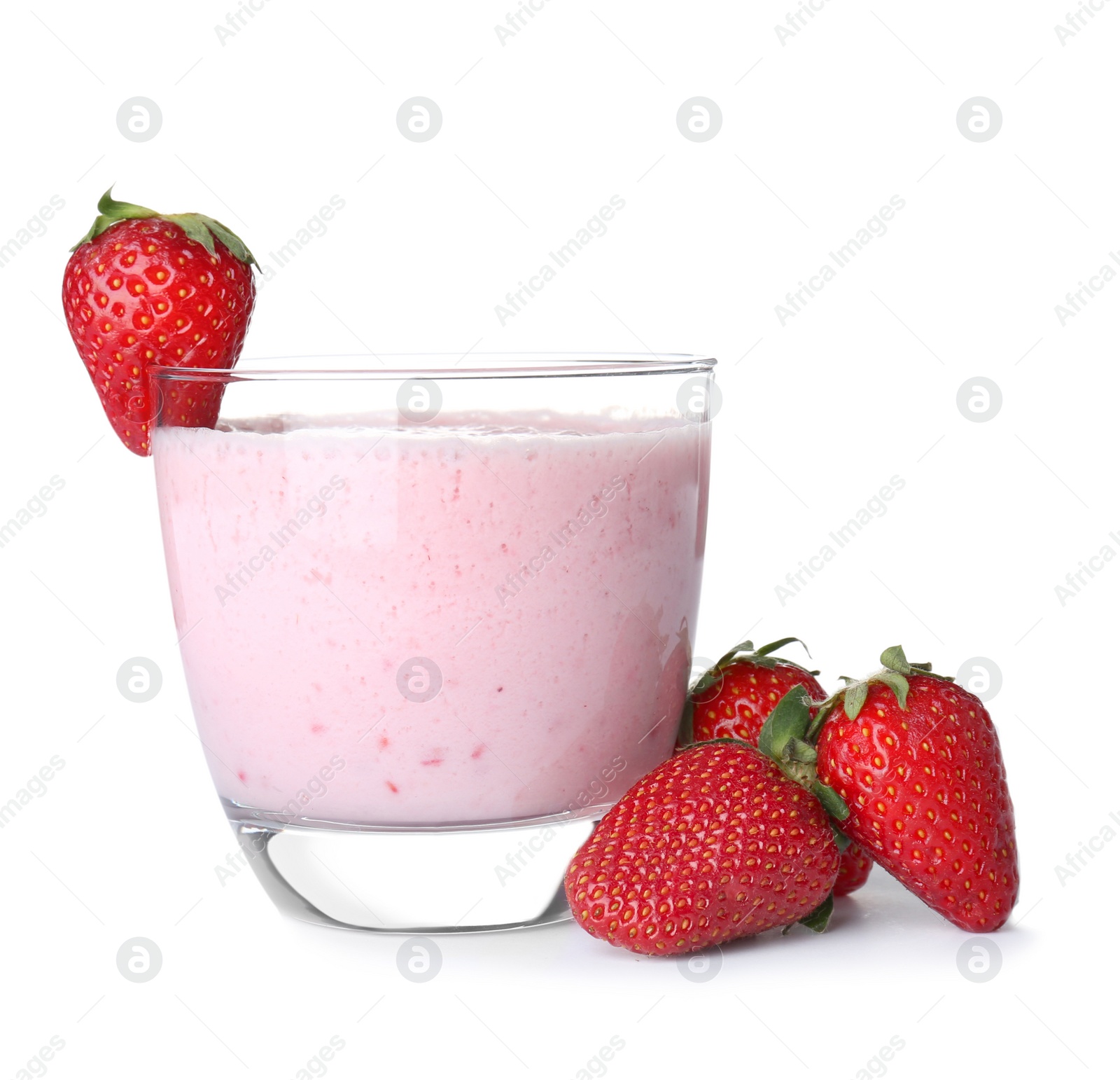 Photo of Glass with healthy detox smoothie and strawberries on white background