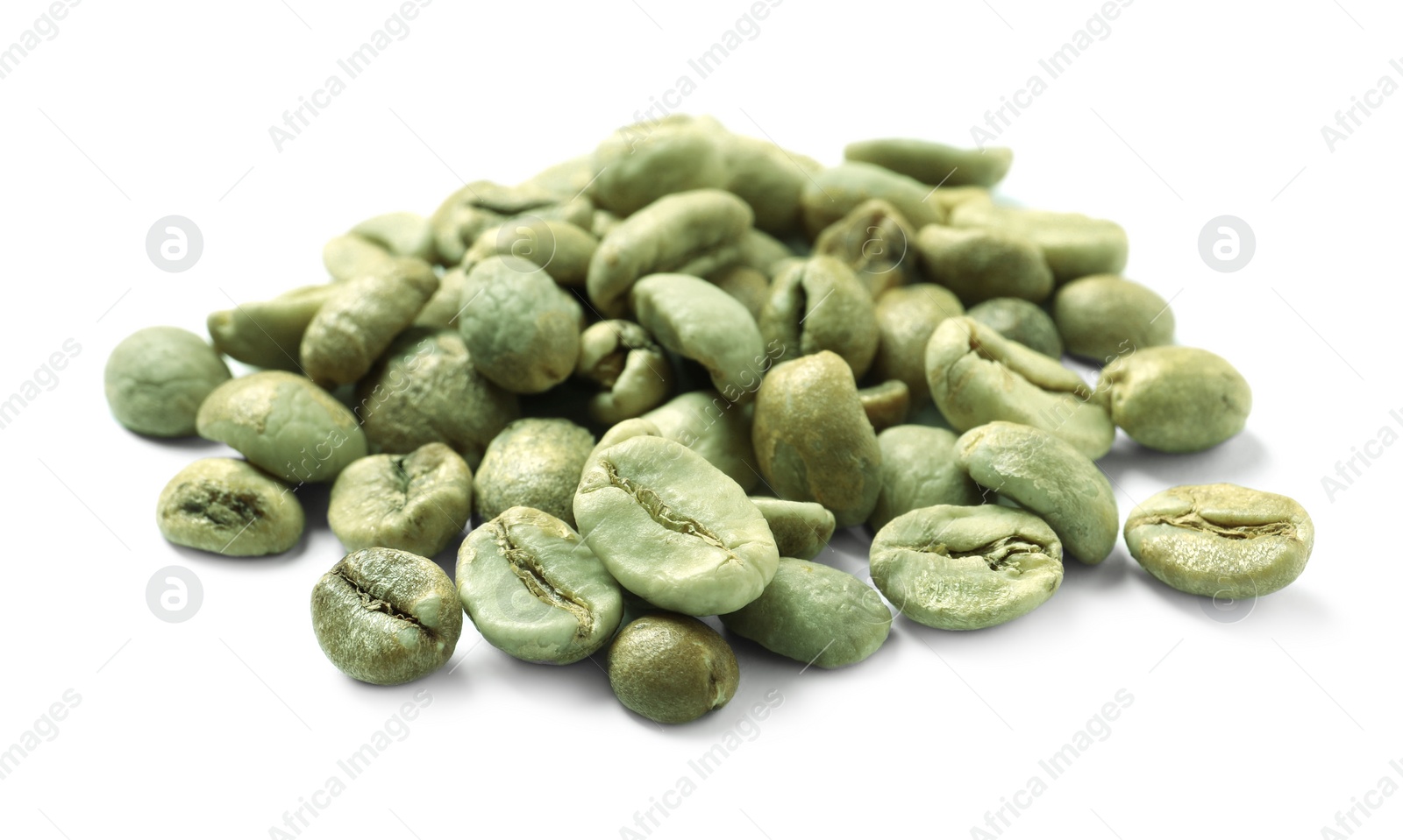 Photo of Pile of green coffee beans on white background