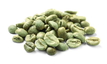Pile of green coffee beans on white background
