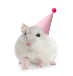Image of Cute hamster with party hat on white background