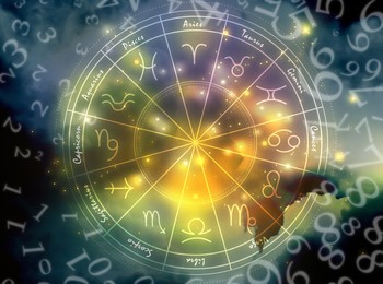 Illustration of Numerology. Many numbers and zodiac wheel against sky